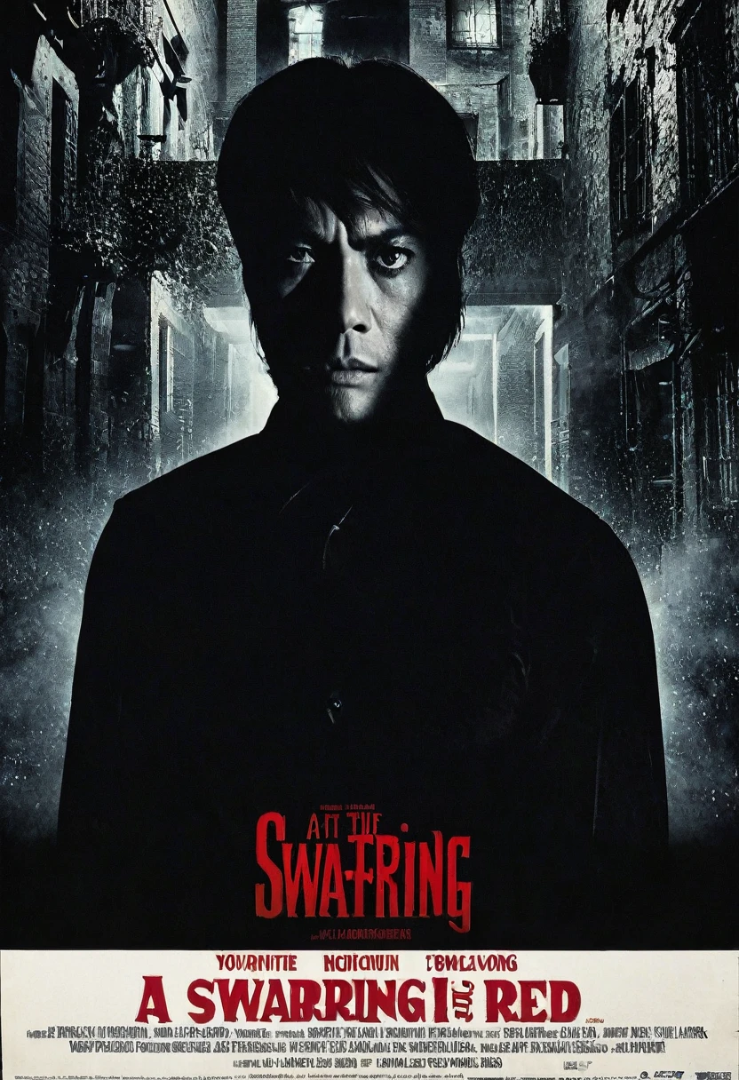 **Film Title:** "Swearing"

**Poster Description:**
The background is dark and enigmatic, like a starless night. At the center, a male killer with an athletic body, your face partially hidden by shadows, creates an aura of mystery. Dramatic lighting highlights your face, body and piercing eyes that seem to follow the viewer.

Above the killer MAN, in gothic and red letters, is the title "Swearing", evoking suspense and nostalgia. down, "A horror film from the 60s" reinforces the retro style with a modern design touch.

in the bottom right corner, a dark silhouette in a dark alley suggests imminent danger and the film&#39;s ominous atmosphere. The poster conveys mystery, shadows and intrigue, capturing the essence of 60s horror in an impactful and contemporary way.