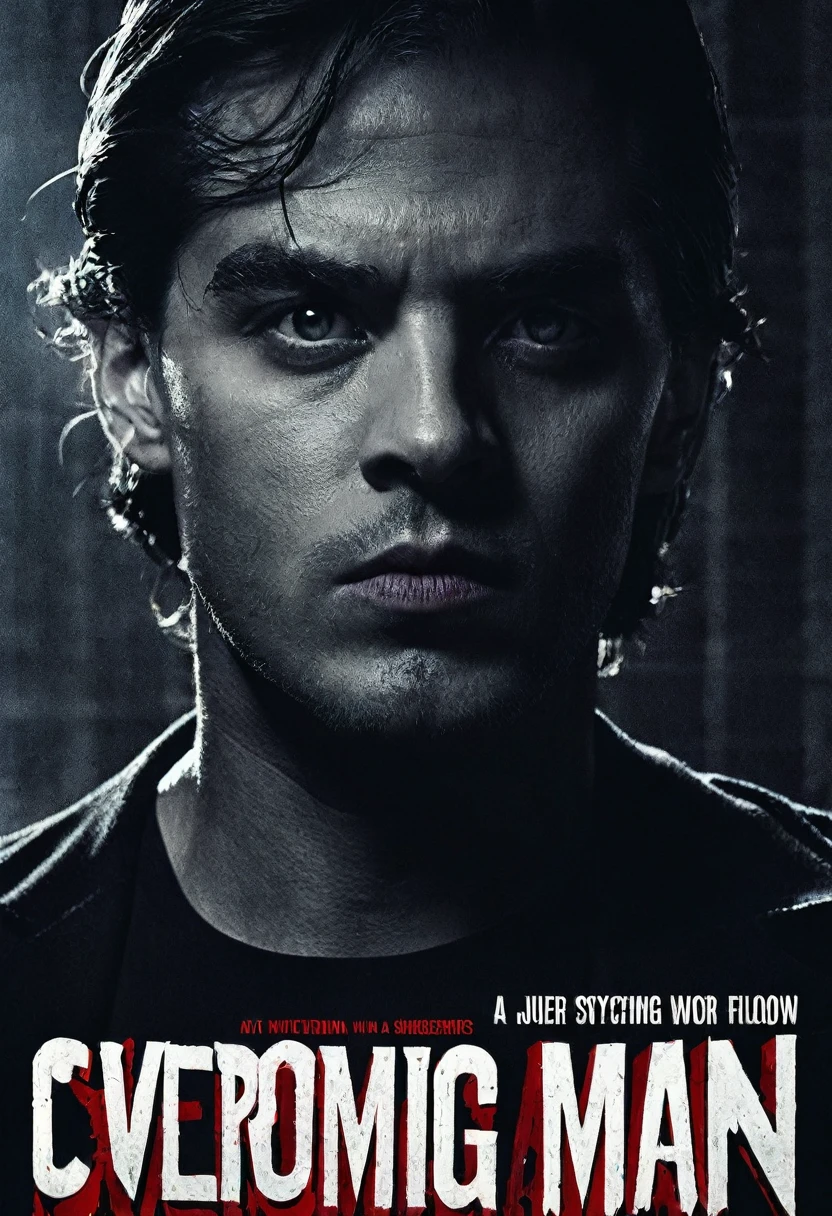 **Film Title:** "Swearing"

**Poster Description:**
The background is dark and enigmatic, like a starless night. At the center, a male killer with an athletic body, your face partially hidden by shadows, creates an aura of mystery. Dramatic lighting highlights your face, body and piercing eyes that seem to follow the viewer.

Above the killer MAN, in gothic and red letters, is the title "Swearing", evoking suspense and nostalgia. down, "A horror film from the 60s" reinforces the retro style with a modern design touch.

in the bottom right corner, a dark silhouette in a dark alley suggests imminent danger and the film&#39;s ominous atmosphere. The poster conveys mystery, shadows and intrigue, capturing the essence of 60s horror in an impactful and contemporary way.