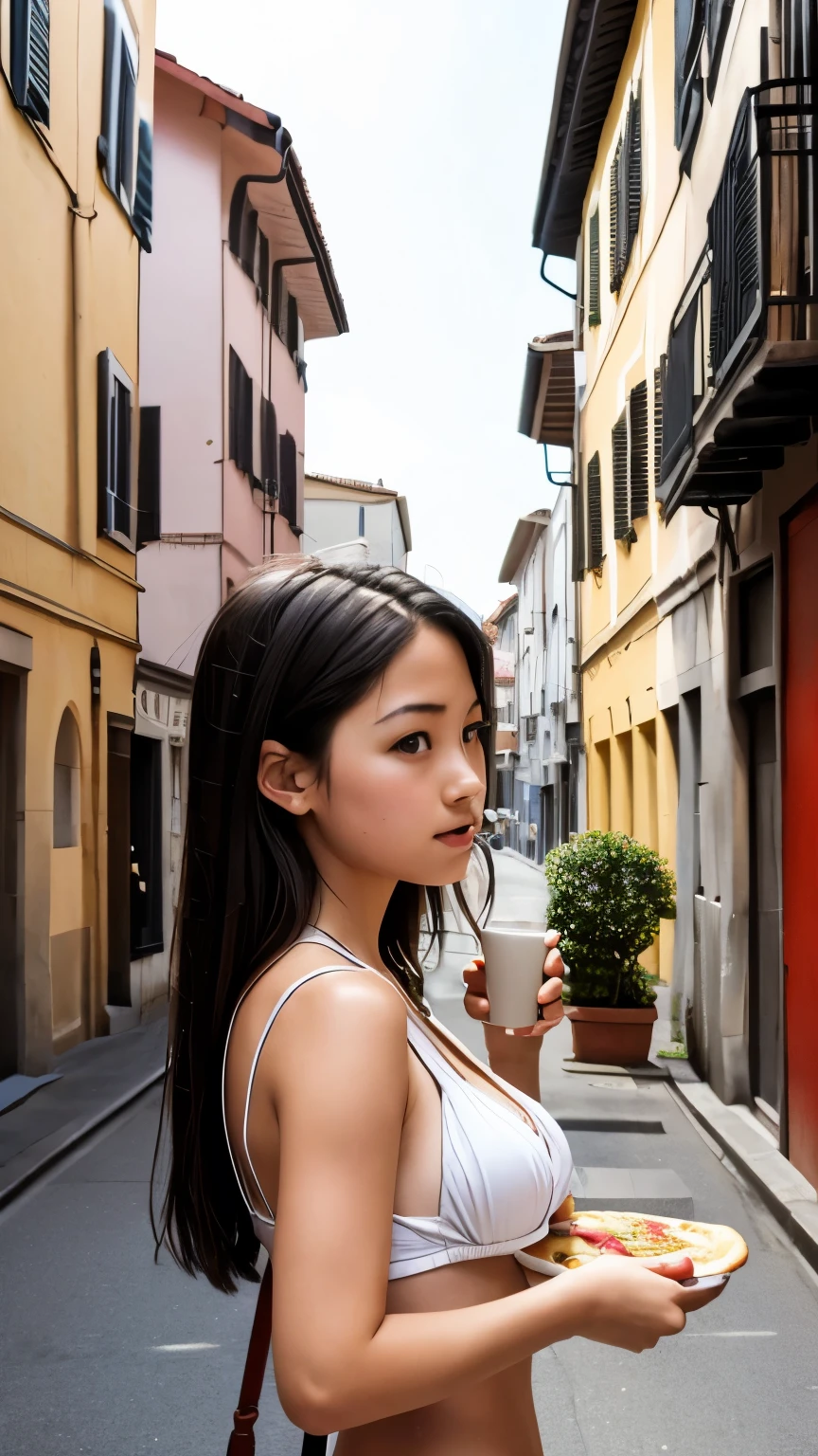 Florence, Italy，Girl eating pizza，cute，Japanese Girls，young，bikini，Black Hair，Beautiful down to the last detail，Highest quality，４K，８K，