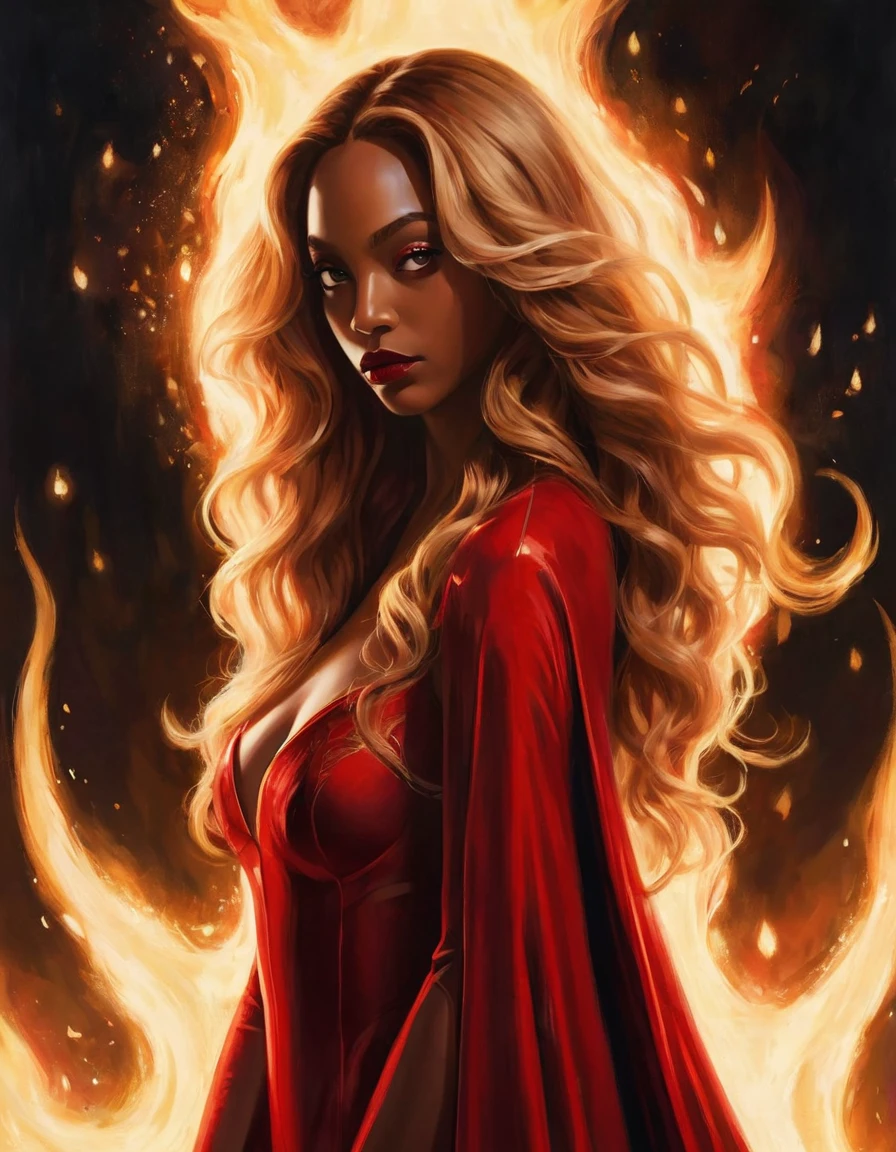 ### Scene: Create an image of two people in love in a setting of mystery and passion.
**Woman's Appearance:**
- Resembles Beyoncé
- Brown skin
- Long, golden blonde curly hair
- Confident and seductive expression
- Wearing a red dress, elegant and form-fitting
- Lips painted a deep, intense red
**Man's Appearance:**
- Resembles Severus Snape
- Pale skin
- Large nose
- Black, straight hair falling around his face in a somber manner
- Serious and intense expression
- Wearing a black cloak, contrasting with the flames around them
**Atmosphere:**
- Surrounded by flames, creating a mystical and fiery ambiance
- Soft lighting highlighting their faces, enhancing the sparkle in their eyes
- Flames adding an element of intensity and mystery to the scene
- They are close to each other, gazing intensely into each other's eyes, exuding a strong emotional connection