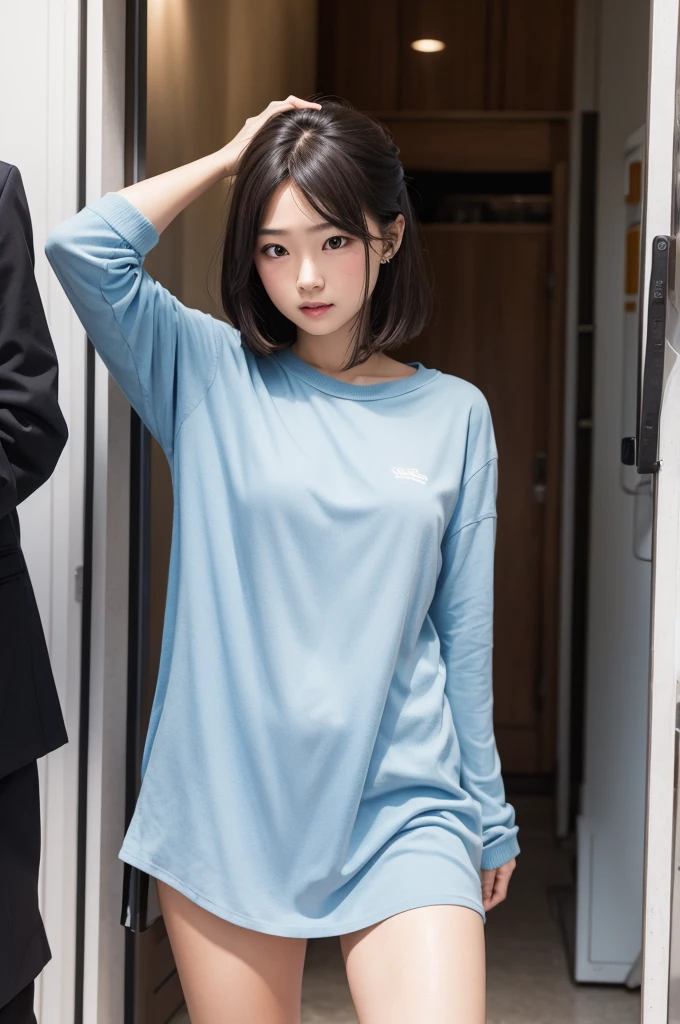 20 year old girl, blue long sleeve-shirt, short skirt, long hair, high contrast (Natural skin texture, Hyperrealism, Soft Light, sharp), portrait, standing, korean