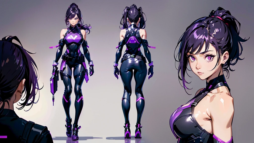 reference sheet, model sheet,(multiple views, [from behind|from side|from front|close-up|upper body|portrait]:1.2),One girl,human, Dark hair with purple strands, Ponytail, purple eyes, black outfit,wearing bulletproof vest,beautiful, masterpiece, best quality, perfect lighting,8k,clean. 