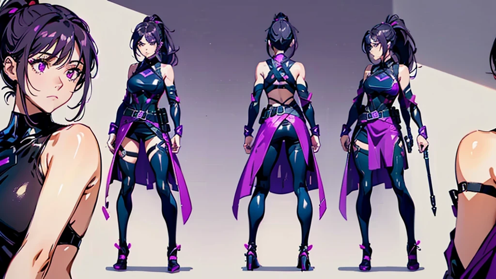 reference sheet, model sheet,(multiple views, [from behind|from side|from front|close-up|upper body|portrait]:1.2),One girl,human, Dark hair with purple strands, Ponytail, purple eyes, black outfit,wearing bulletproof vest,beautiful, masterpiece, best quality, perfect lighting,8k,clean. 