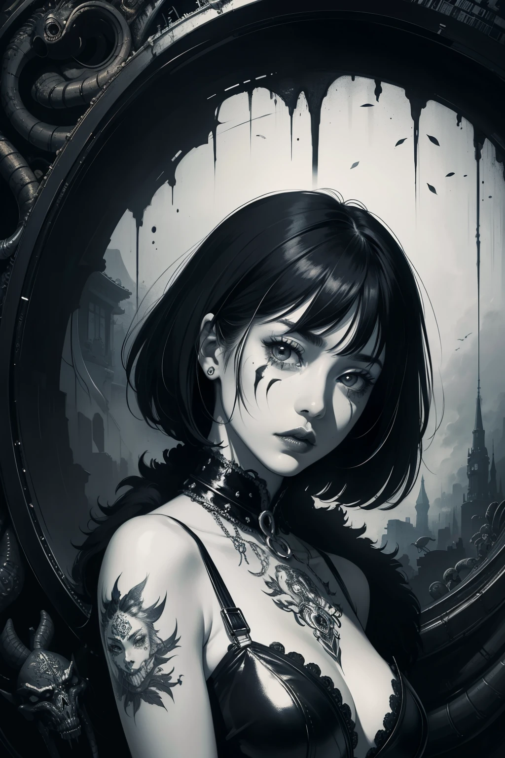 Create an elaborate piece of artwork featuring a female figure with tattoos, inspired by Dora Art. The style should resemble intricate black and white illustrations, showcasing fantastic and grotesque elements. The painting should depict detailed character illustrations with a sense of reflection and stillness, incorporating chromepunk aesthetics and fantasy characters.