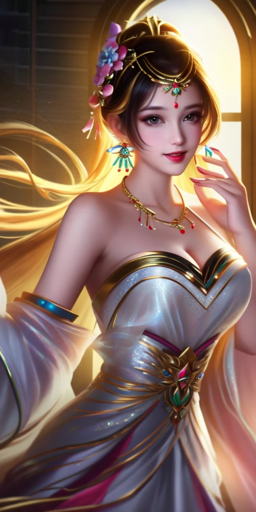 Close up of a woman in a white dress and gold jewelry, Anime goddess, a beautiful fantasy empress, ((a beautiful fantasy empress)), beautiful and elegant elf queen, Beautiful goddess, beautiful and seductive anime woman, fantasy gorgeous lighting, trending on cgstation, Fanart Meilleure ArtStation, IG model | Art germ, cinematic goddess body shot, Goddess. Extremely high detail