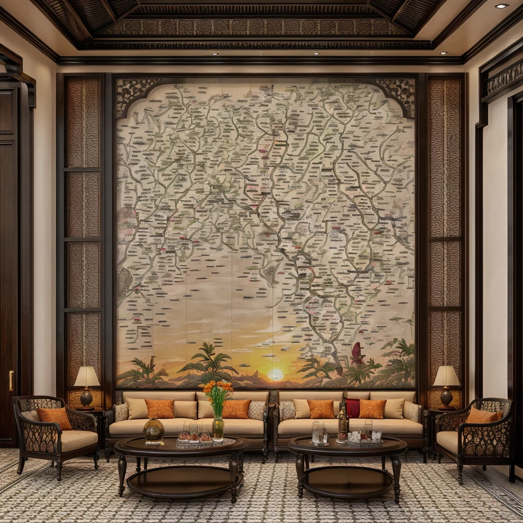 Raw photo, Masterpiece, high quality, best quality, authentic, super detail, interior, indoors, indochine livingroom with couch,rug, coffe table, dark tile floor, (sunset:1.1), vivid color, vray,