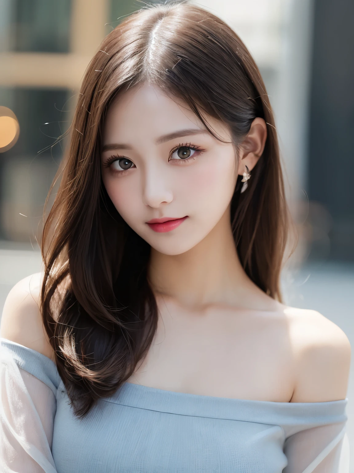 table top, highest quality, shape, Super detailed, finely, High resolution, 8k wallpaper, Perfect dynamic shape, beautiful and detailed eyes, small breasts, natural color lip, random sexy pose,smile、20 year old girl、midnight、Beautiful and dense face、perfect and beautiful face,Big eyes、real photos(best image quality),Sheer off-shoulder dress (black)、looking at camera、Please stand、Do gal makeup,blurred background