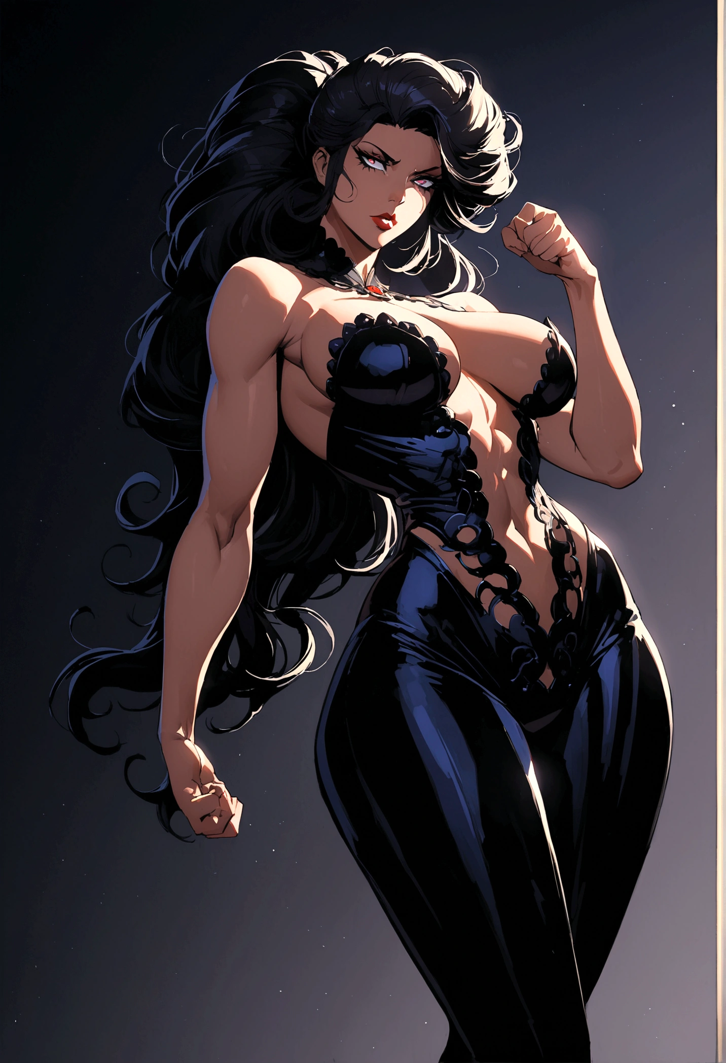Create the image of a woman, she has dark skin, greeneyes, long dark hair, a dark dress with a low neckline showing her large breasts, and a low-cut leg showing off your toned thighs, she has a muscular but normal body