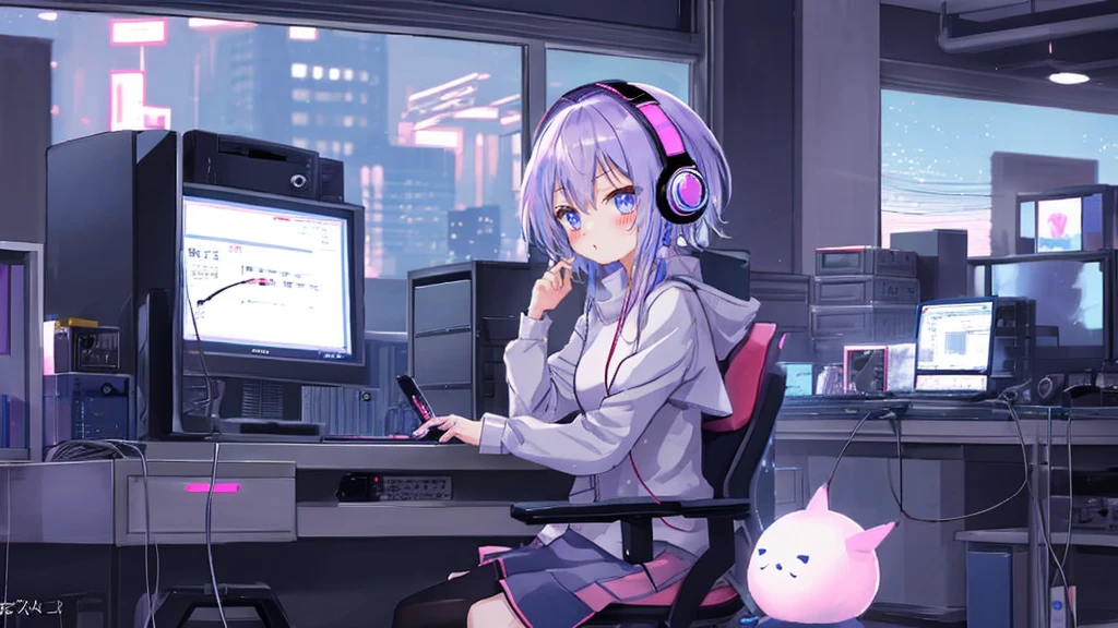 Create a detailed and cohesive anime-style illustration. The scene should depict a woman wearing headphones, sitting at a desk, and looking at a computer screen as she researches. The setting should have a cozy, Lofi music-inspired atmosphere. Through the window behind her, show a serene night scene. The woman should be focused on the computer, with soft lighting illuminating her and the surroundings, emphasizing a calm and productive mood.