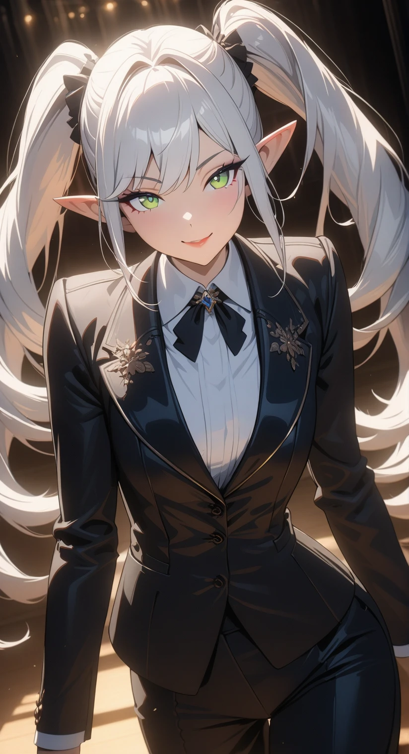 1 girl, solo, masterpiece, best quality, highres, 4k, 8k, intricate detail, cinematic lighting, amazing quality, amazing shading, soft lighting, Detailed Illustration, anime style, WHITE hair, long hair, twin tails, SMALL BREAST, pointy ears, elegants, white shirt, black jacket, black formal pants, elegant suit, masterpiece, green perfect eyes, beautiful faces, makeup, seductive smile, professional photo, natural lighting, perfect face,  posing like a model, like a gentleman, sadic smile, with malefic intentions, brilliant and terrorific eyes