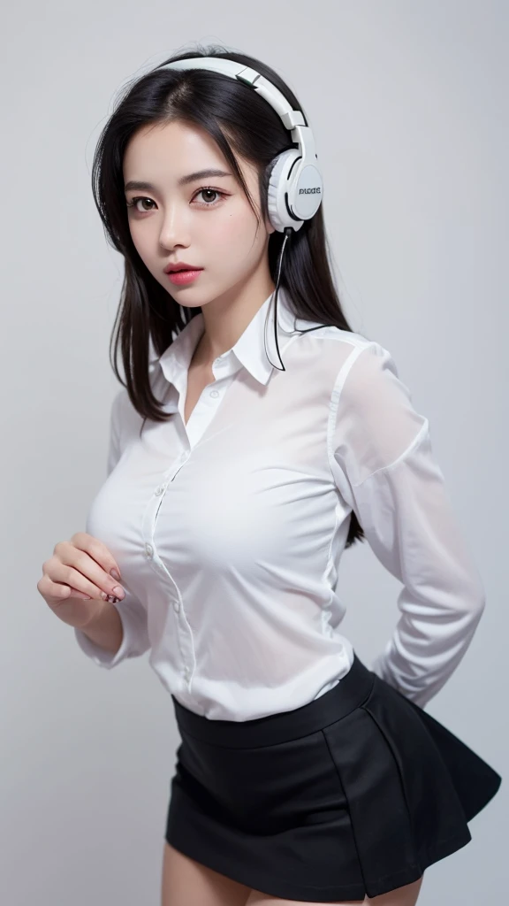 (((forehead、Northern Europe、White people、beautiful girl、Black Hair、White background、headphone、hamburger on the right、high school girl、Dress shirt、mini skirt、watch)))、table top, highest quality, figure, super detailed, finely, High resolution, 8k wallpaper, Perfect dynamic composition, detailed and beautiful eyes, Deco out,bionde, super big breasts, Natural color lip,white background, random cute poses,