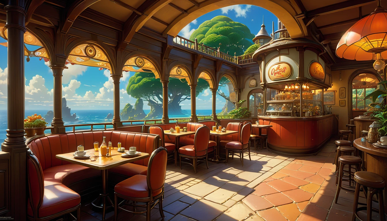 fantasy cafe, extremely detailed oil painting, unreal 5 render, rhads, bruce pennington, studio ghibli, tim hildebrandt, digital art, octane render, beautiful composition, trending on artstation, award-winning photograph, masterpiece