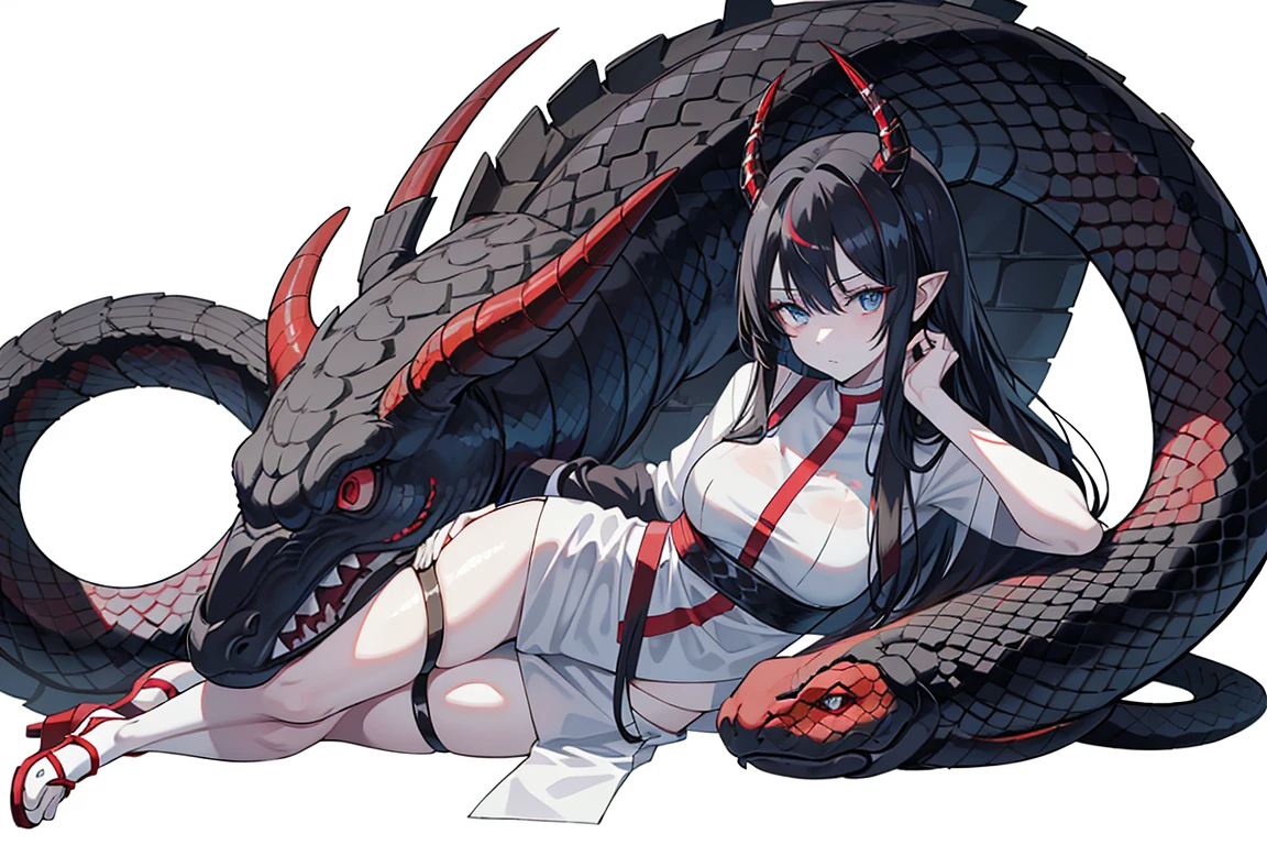 One woman, fair skin, black hair, blue eyes, red pupils, snake-like lower body, plain white kosode, black haori, black scales all over the body, horns growing from the side of the head, snake, masterpiece, top quality