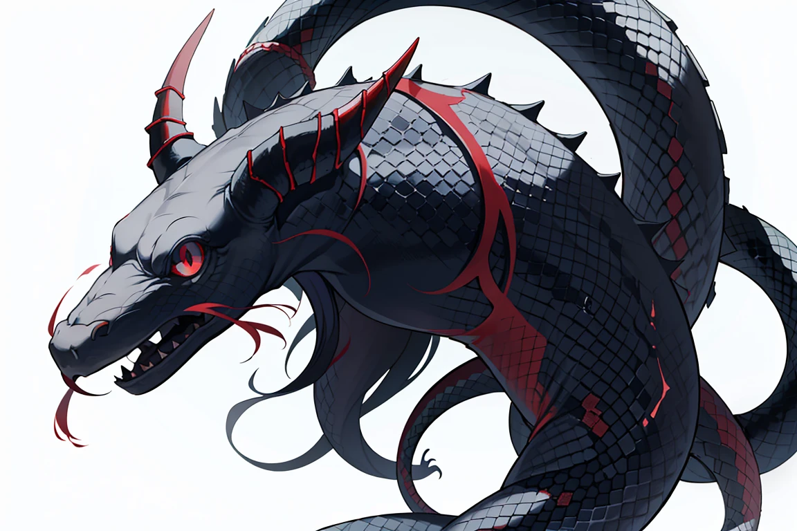 One woman, fair skin, black hair, blue eyes, red pupils, snake-like lower body, plain white kosode, black haori, black scales all over the body, horns growing from the side of the head, snake, masterpiece, top quality