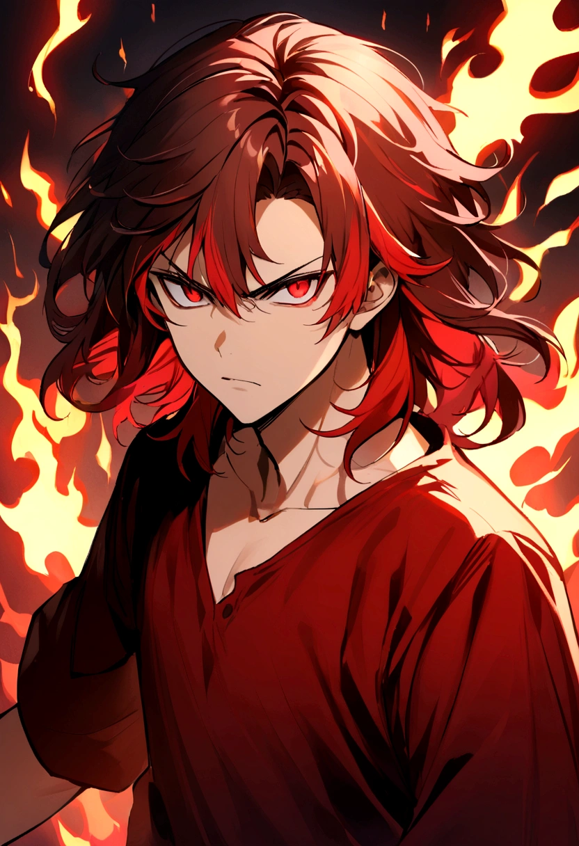age boy, serious face, tidy hair, Medium length hair, multicolored black and red hair, Red eyes, dark red shirt, loose black blouse, fiery aura