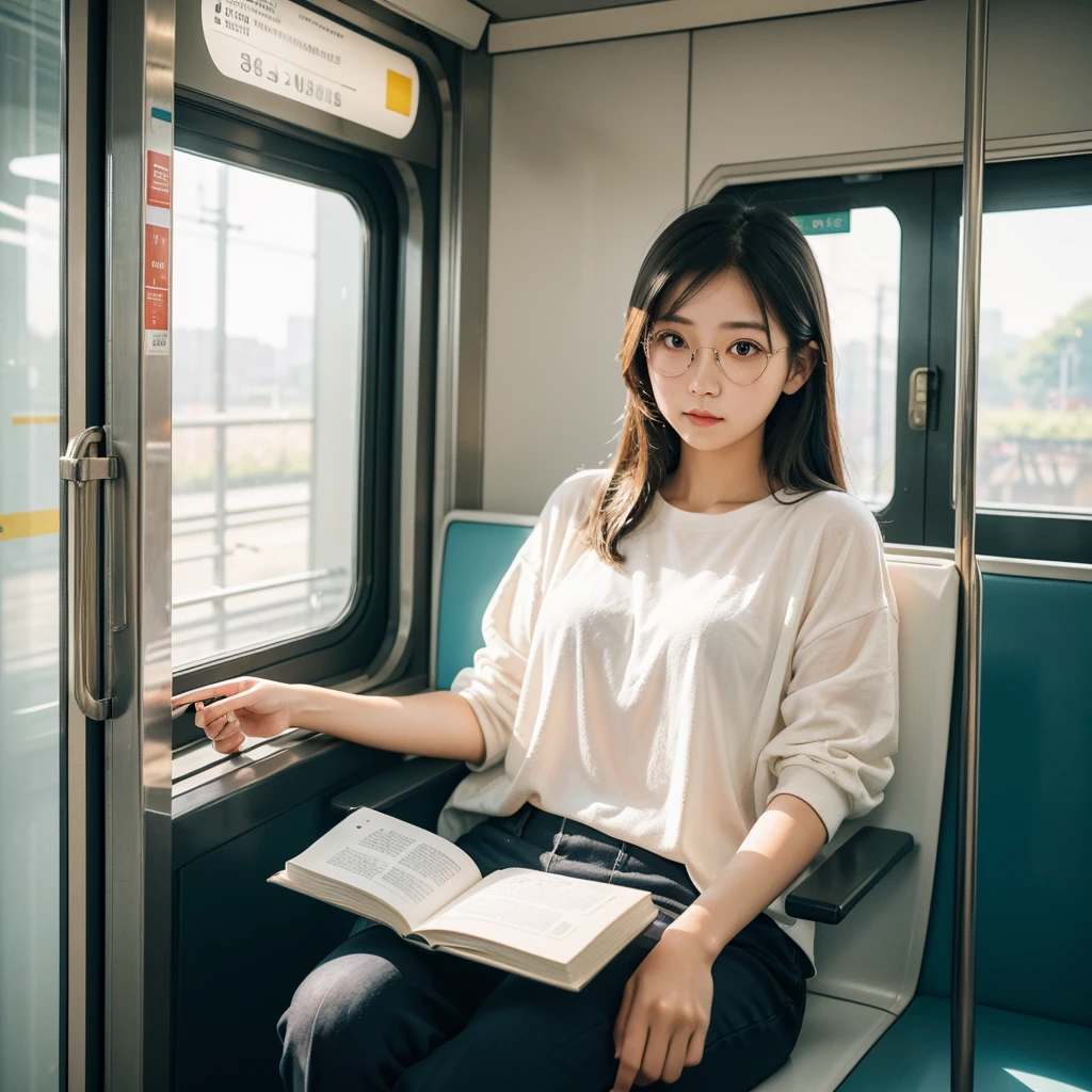 a beautiful girl, sitting in the train, she has a book on her hand, her longing expression was visible behind her clear glasses, Asian girl, light colors, modern train, sunlight exposure, intricate details, extreme detail description, best quality, UHD, 4k, 8k