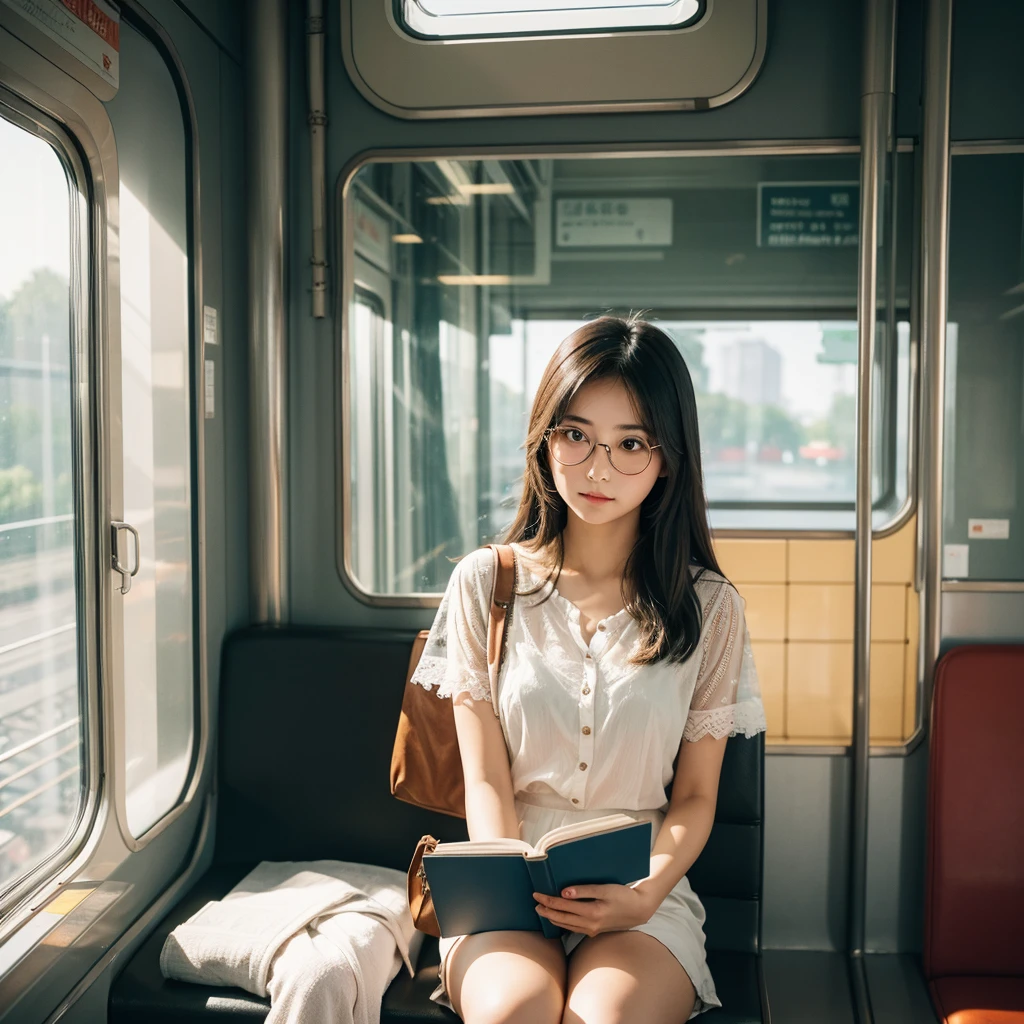 a beautiful girl, sitting in the train, she has a book on her hand, her longing expression was visible behind her clear glasses, Asian girl, light colors, modern train, sunlight exposure, intricate details, extreme detail description, best quality, UHD, 4k, 8k