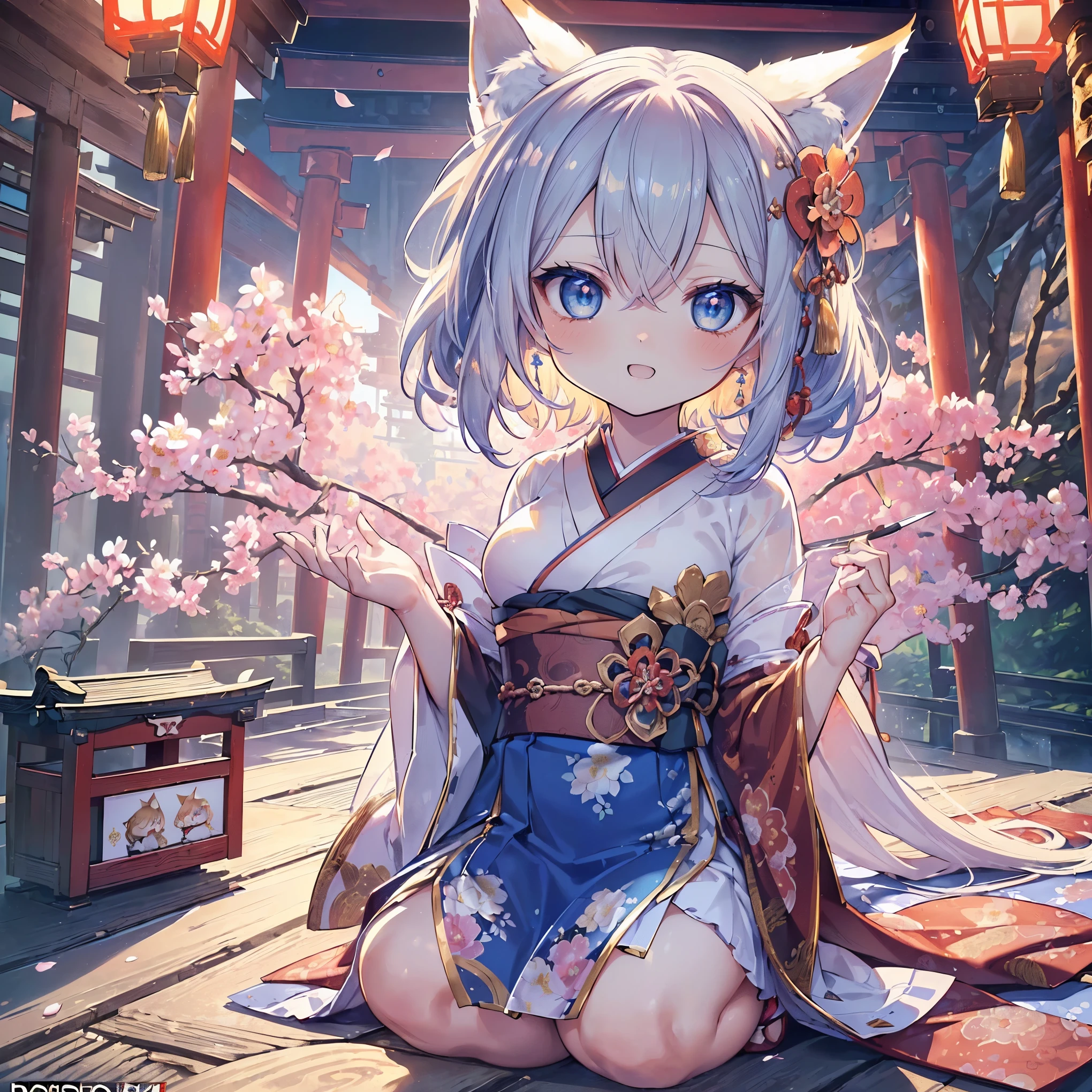 (((Masterpiece))), (((Highest quality))), ((Ultra-detailed)), ((Super fine illustration)), ((Ultra-fine painting)), (16K highest quality wallpaper:1.4), (Chibi:2.0), (Full body:1.6), HDR, (Highly detailed and delicate illustration style:1.8), Detailed skin texture, Detailed cloth texture, Extreme detailed description, (T-masterpiece), (Highly detailed face:1.2), (Highly detailed fox ears:1.2), (Highly detailed shiny golden brown half updo:1.2), (Highly detailed clear blue eyes:1.2), Original, RAW photo, Professional, Intricate details, Super details, Direct light:1.6, (Perfect anatomy:1.4), (Highly detailed hands:1.2), (Highly detailed fingers:1.2), (Highly detailed fingertips:1.2), (27-years-old), Real, (Solo:1.8), ((A very beautiful and attractive fox fashion model with blue eyes wearing a bright red furisode with a floral pattern:1.4)) BRAKE (Beautiful and adorable fox ears:1.6), (Highly detailed and delicate fox ears:1.4), (Beautiful and well-shaped big breasts:1.2), (Beautiful and well-shaped buttocks), (Beautiful and shiny golden brown half updo:1.4), (Highly detailed and delicate golden brown half updo:1.2), (Beautiful clear blue eyes that shine with great detail:1.6), (Highly detailed and delicate blue eyes:1.2), (Highly detailed face:1.4), (Smile:1.5), (Blush:1.4), (Looking at viewer:1.4), (Celebration:1.4) BRAKE (Bright red furisode with floral pattern:1.4), (Japanese traditional costume:1.2) BRAKE (Concept art:1.2), (Detailed fantasy art:1.2) BRAKE (Highly detailed and delicate Ise Grand Shrine in Mie Prefecture in the background just after noon:1.6), (Celebration:1.4), Ise Grand Shrine:1.4, Torii gate of Ise Shrine:1.4, Very beautiful in the sunny sky background just after noon:1.4 BRAKE