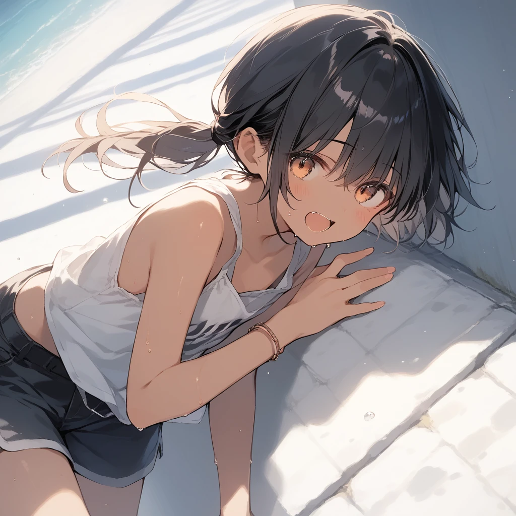 score_9, score_8_up, score_7_up, source_anime, best quality, masterpiece, official art, absurdres, highres, ultra-detailed,waifu2x,Collection: Slice of Life,break,1girl, tomboy, dark-skinned female, short hair, low ponytail, flat chest, beautiful detailed eyes, short shorts, sweat, open mouth, (yawn:0.3), sleepily, outdoors, wind, break,(clear line illustration:1.2),very high resolution, very aesthetic, super detailed skin, Best sexual lighting powered by famous artist, 8k,cute picture,beauty illustration,photoshop_(medium),,(Detailed Lighting),best anime 8k konachan wallpaper, pixiv contest winner,