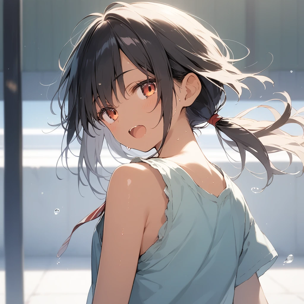score_9, score_8_up, score_7_up, source_anime, best quality, masterpiece, official art, absurdres, highres, ultra-detailed,waifu2x,Collection: Slice of Life,break,1girl, tomboy, dark-skinned female, short hair, low ponytail, flat chest, beautiful detailed eyes, short shorts, sweat, open mouth, (yawn:0.3), sleepily, outdoors, wind, break,(clear line illustration:1.2),very high resolution, very aesthetic, super detailed skin, Best sexual lighting powered by famous artist, 8k,cute picture,beauty illustration,photoshop_(medium),,(Detailed Lighting),best anime 8k konachan wallpaper, pixiv contest winner,
