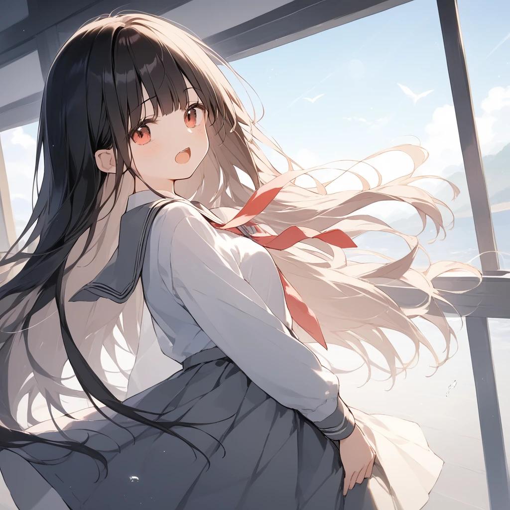 score_9, score_8_up, score_7_up, source_anime, best quality, masterpiece, official art, absurdres, highres, ultra-detailed,waifu2x,Collection: Slice of Life,break,1girl, long hair, straight hair, black hair, blunt bangs, small breasts, slender, beautiful detailed eyes, school_uniform, open mouth, (yawn:0.3), sleepily, outdoors, wind, break,(clear line illustration:1.2),very high resolution, very aesthetic, super detailed skin, Best sexual lighting powered by famous artist, 8k,cute picture,beauty illustration,photoshop_(medium),,(Detailed Lighting),best anime 8k konachan wallpaper, pixiv contest winner,