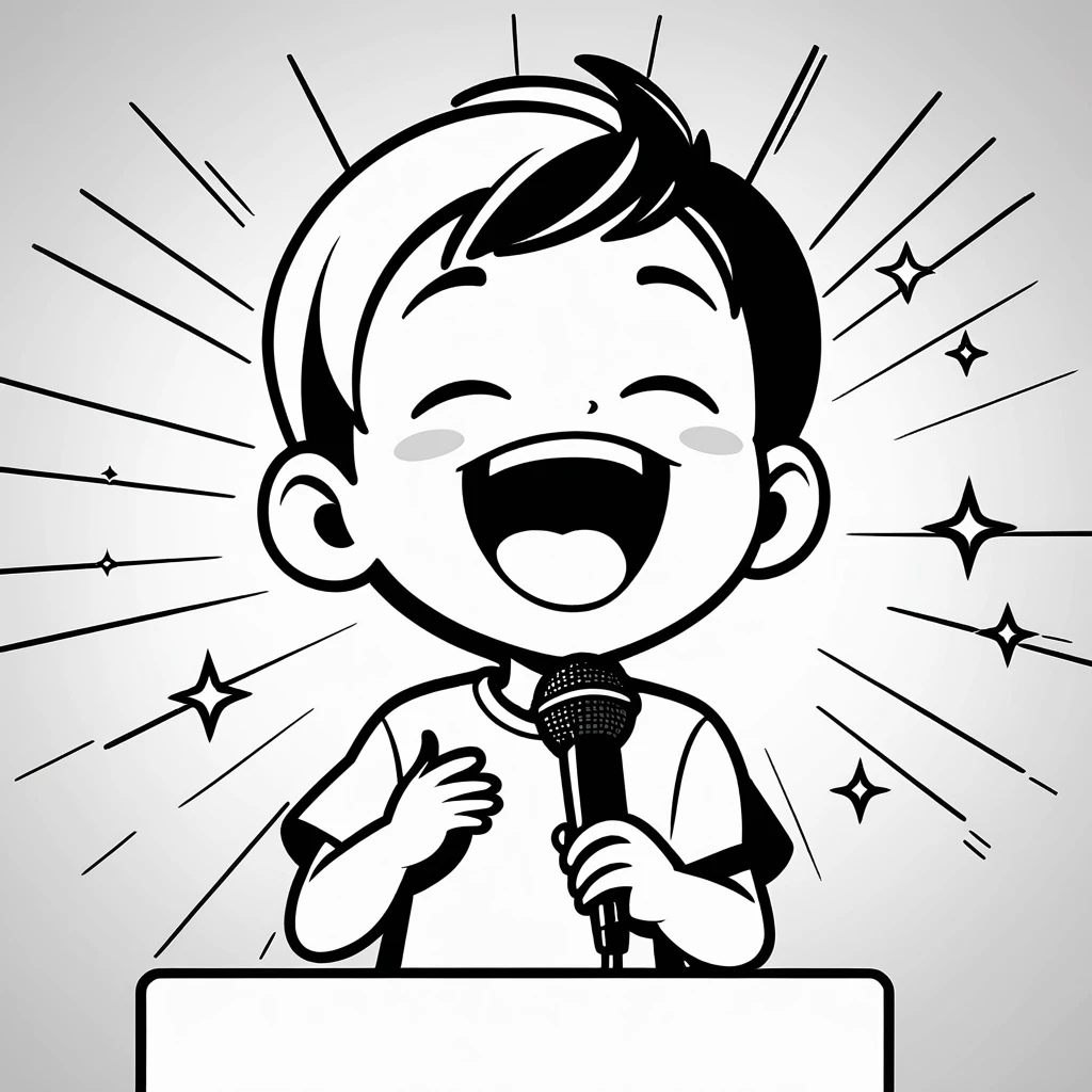 Create a black and white vector icon of a cute little boy in cartoon style. He is singing and laughing. The background is a clean, pure white.