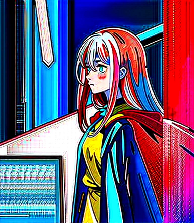 Cyberpunk, Girl, 1girl, Beautiful lady in office black shirt with buttons and shorts, office like longer pink coat, long pink hair, Multi-colored hair, multi-colored eyes, heterochromia, tall, thin, beautiful lady, perfect body, slim, blueeyes, office suit, elongated, Prominent Jaw, Thin girl, skinny girl, perfect skinny girl, teen, ,