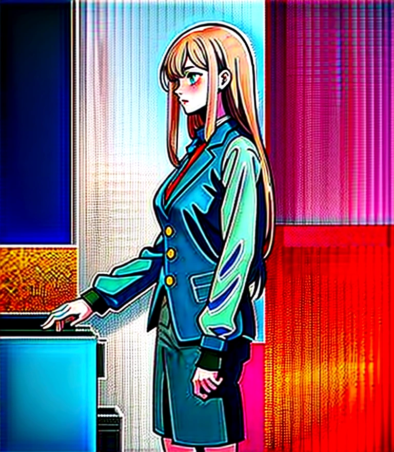 Cyberpunk, Girl, 1girl, Beautiful lady in office black shirt with buttons and shorts, office like longer pink coat, long pink hair, Multi-colored hair, multi-colored eyes, heterochromia, tall, thin, beautiful lady, perfect body, slim, blueeyes, office suit, elongated, Prominent Jaw, Thin girl, skinny girl, perfect skinny girl, teen, 16 years old, 