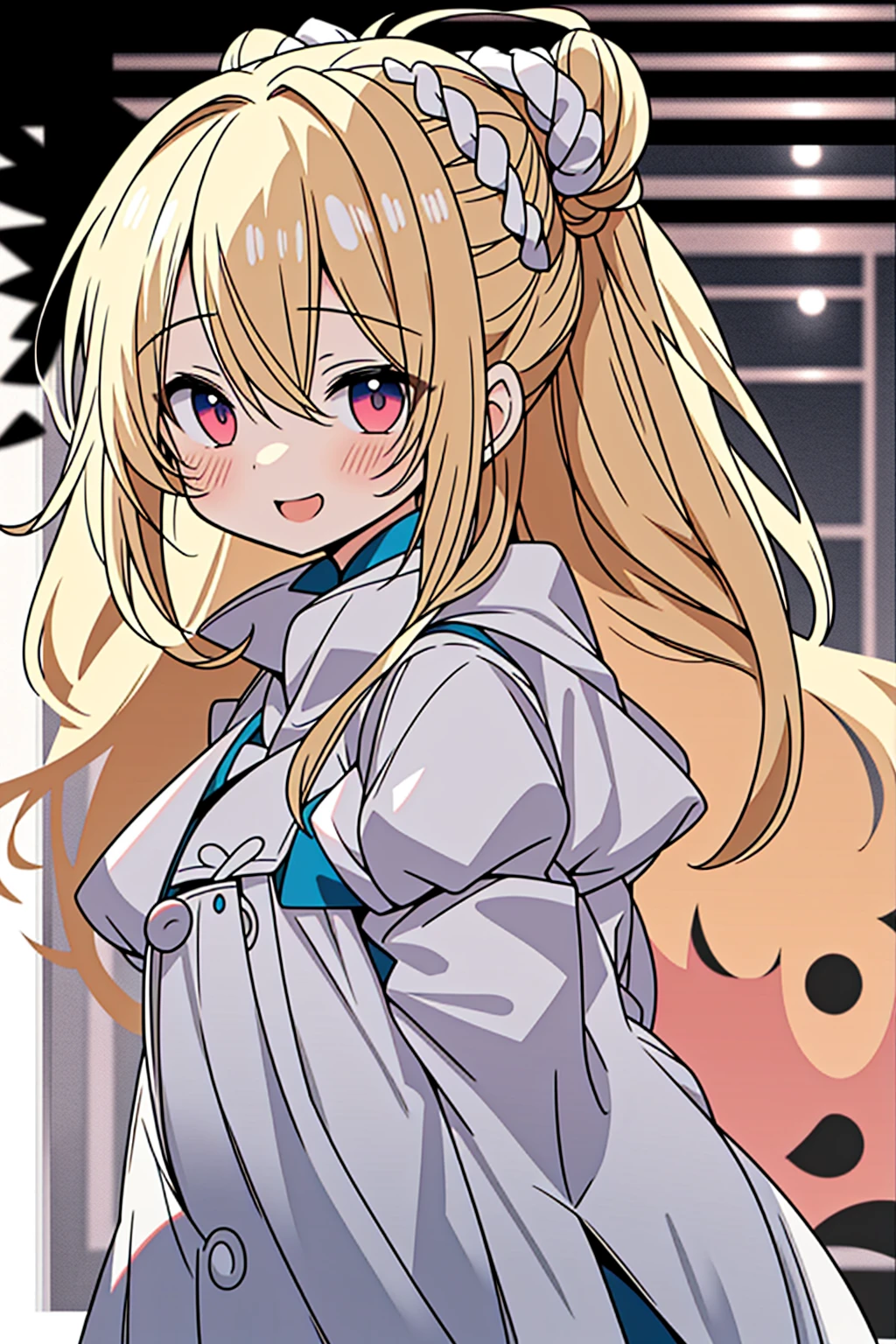 Bishojo anime style,pregnant high school girl,white huge maternity ,blonde curled fringe with bun hair,
scrunchie,Semicircular eyes,laugh,happy,love, aura of love, agape,
