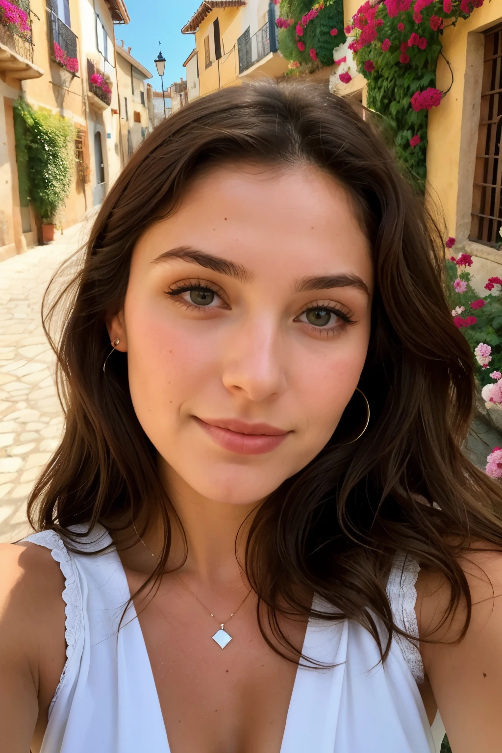 Brunette très belle, long cheveux brun avec des yeux vert espagnol Latina prenant un selfie avec une robe fleurie légère, en été en Espagne? Beauté impeccable, beauté naturelle. prise de photo selfie amateur