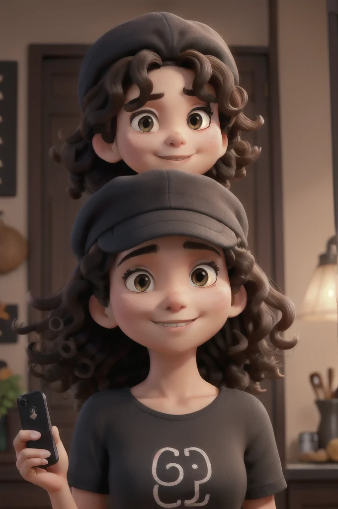 A woman with curly hair wearing a black cap and written Thai on the front holding an iPhone in soft lighting looking straight half brunette 8k 3D