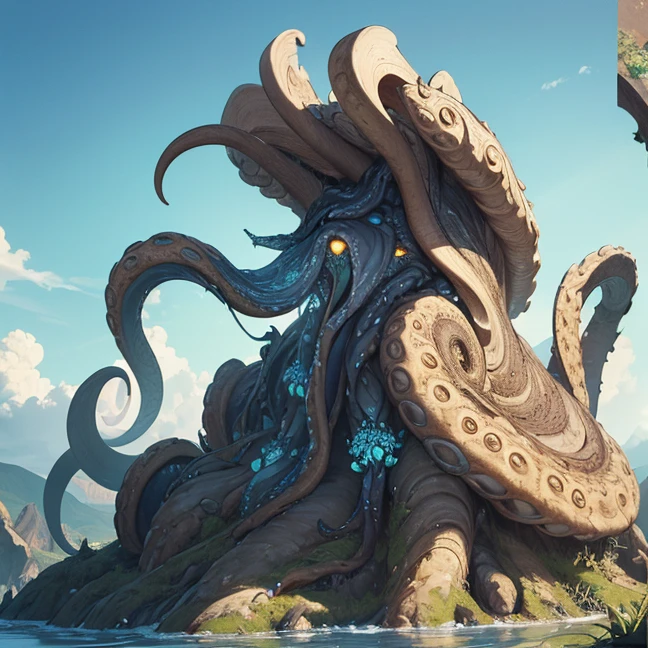 (Absurdres, master piece, best high quality image, very detailed features, very detailed textures, carefuly detailed with no deformed parts in all the artwork), solo creature alone.
Cthulhu:, he is grey and white, has a big brain, six yellow eyes, 50 tentacles around the head, six arms with six tentacle fingers, 10 magic angelic wings around the body, serious inexpresive eyes.
Floating on a green beautiful sky with blue clouds, a beautiful passive situation.