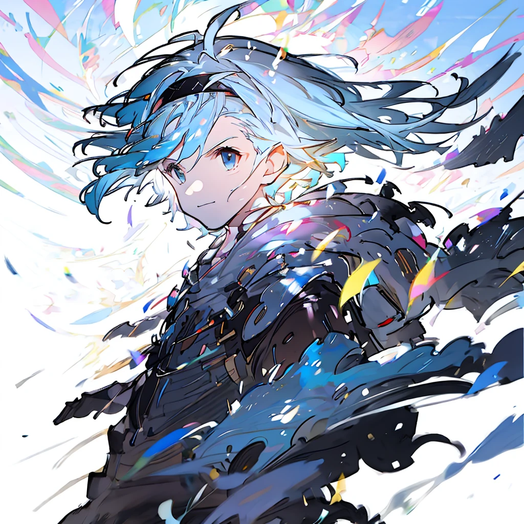 Djeeta 　Pure white background　Blue Hair　Black headband　Facing forward　looks strong　Black clothes　Casual Style　White hood　hoodie