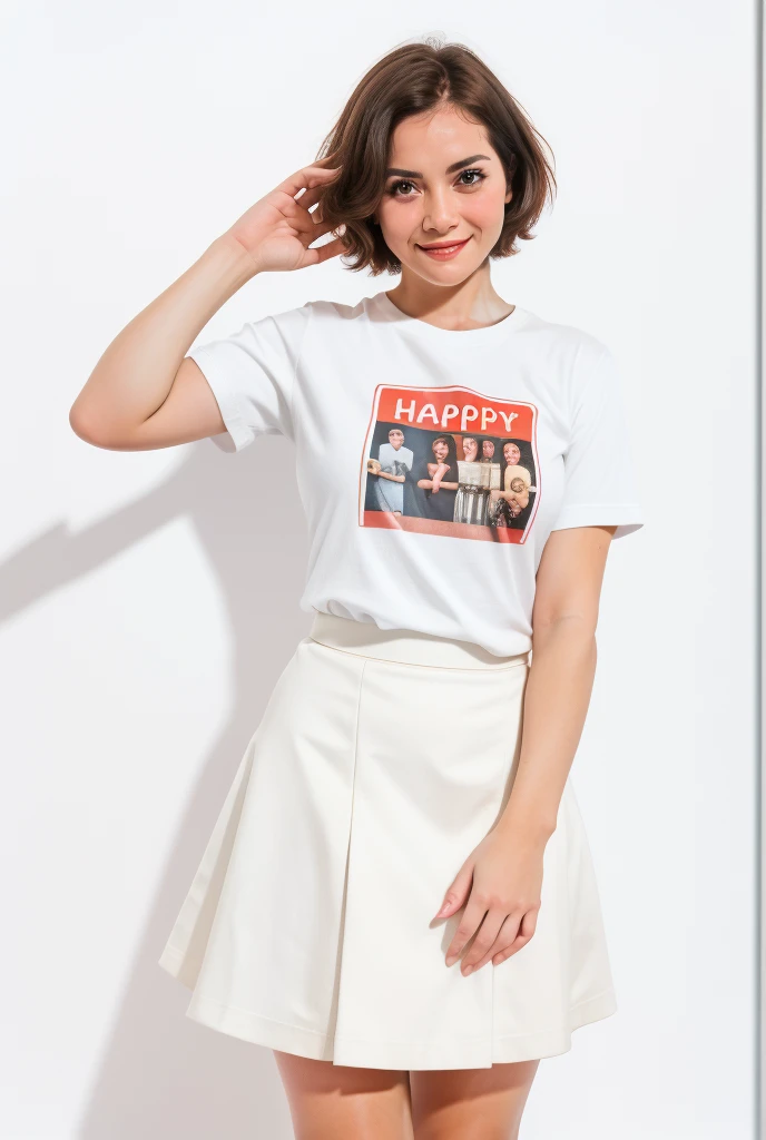 analog film photo solo, gstyle, realistic, ((woman)), (((short hair))), (((happy512))), (((miniskirt, t-shirt, and mules.))), ((Simple Light WHITE background:1.5)), ((dynamic pose)), high detailed, 8k, clear facial features, skin zehragunes . faded film, desaturated, 35mm photo, grainy, vignette, vintage, Kodachrome, Lomography, stained, highly detailed, found footage