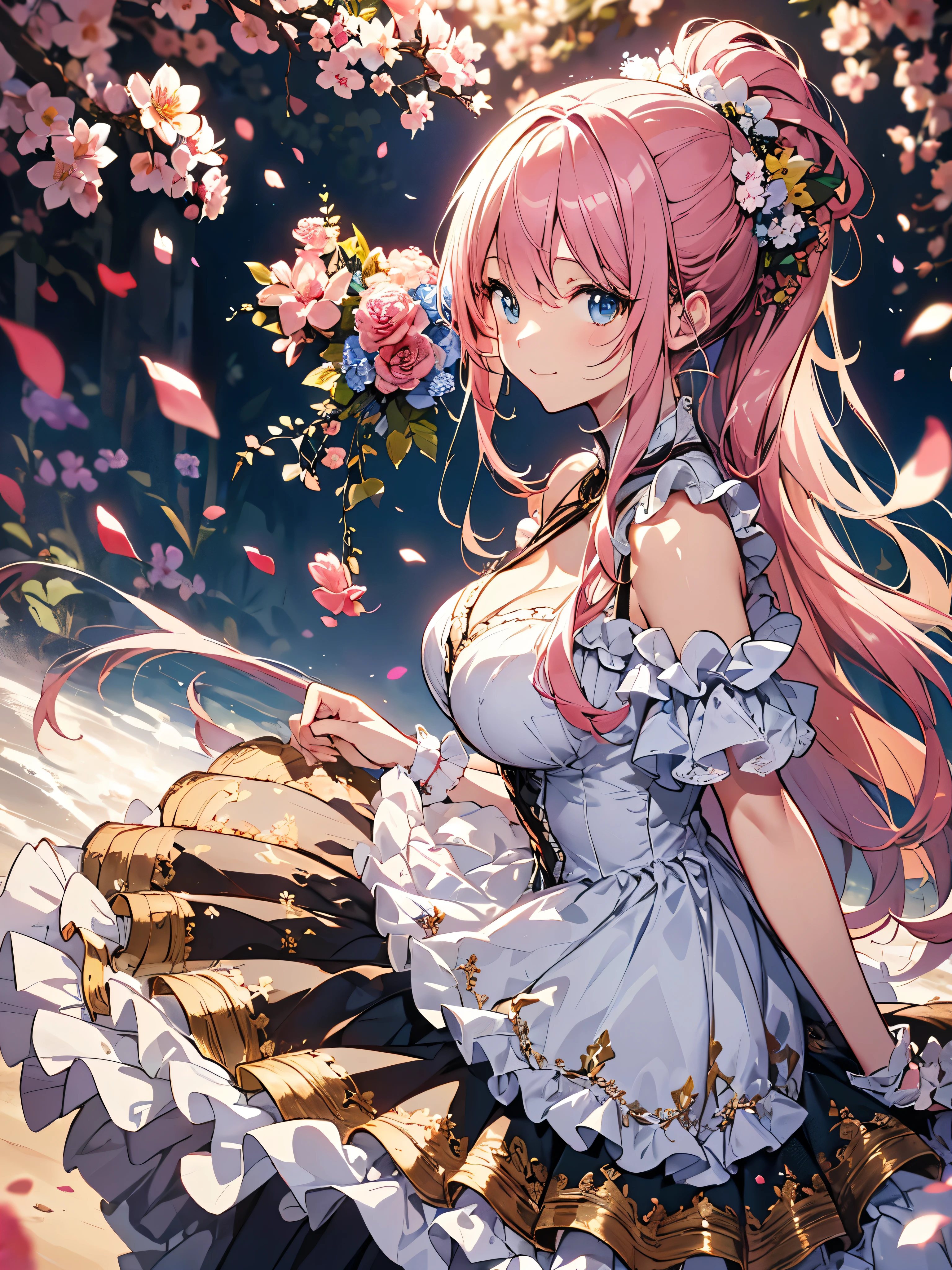 (((Ultra gorgeous  beautiful dress is rococo style gown with, hoopskirt and long hems))), (solo lady:1.2) is cute and very beautiful, (fluffy ponytail pink hair:1.2:Expressive hair:1.2:very voluminous long hair:1.2), bangs, happy smile, ((huge breasts)), (cowboy shot, from side view), (squat:1.2), (looking up:1.1:from above:1.1), (moe anime art style:1.2), (dutch angle:1.5), (masterpiece:1.2:ultra detailed:1.2), (an extremely delicate and beautiful:1.2), (depth of field:1.9), (blurry background:1.2), (wide variety colorful flowers:1.1), (Flowing petals:1.1)