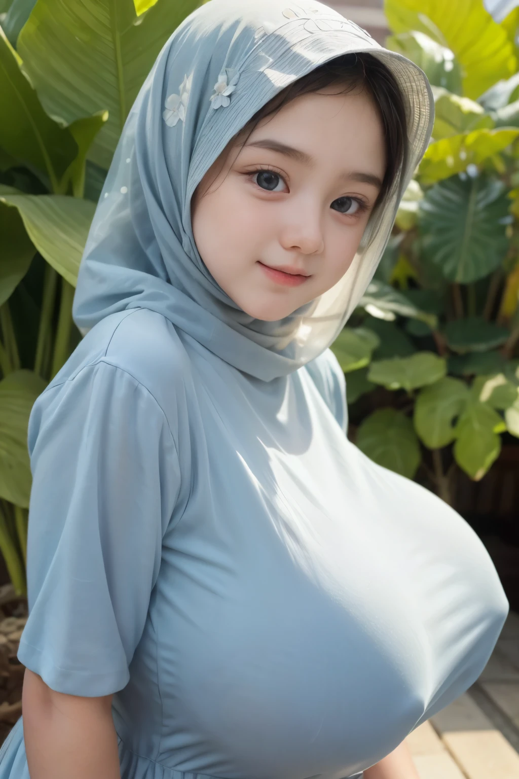 Jumbo (Dress), Chubby adorable, 1 girl, (face to face), , baby face, happy, half body portrait, (face details: 1), (eye details: 1), ((big breasts)). wearing transparent transparency soft long shirt, hijab, .. Cute posed. proportional body. Ultra High Res. realistic: 1.4, UHD, (floral pattern), view from side seductive pose