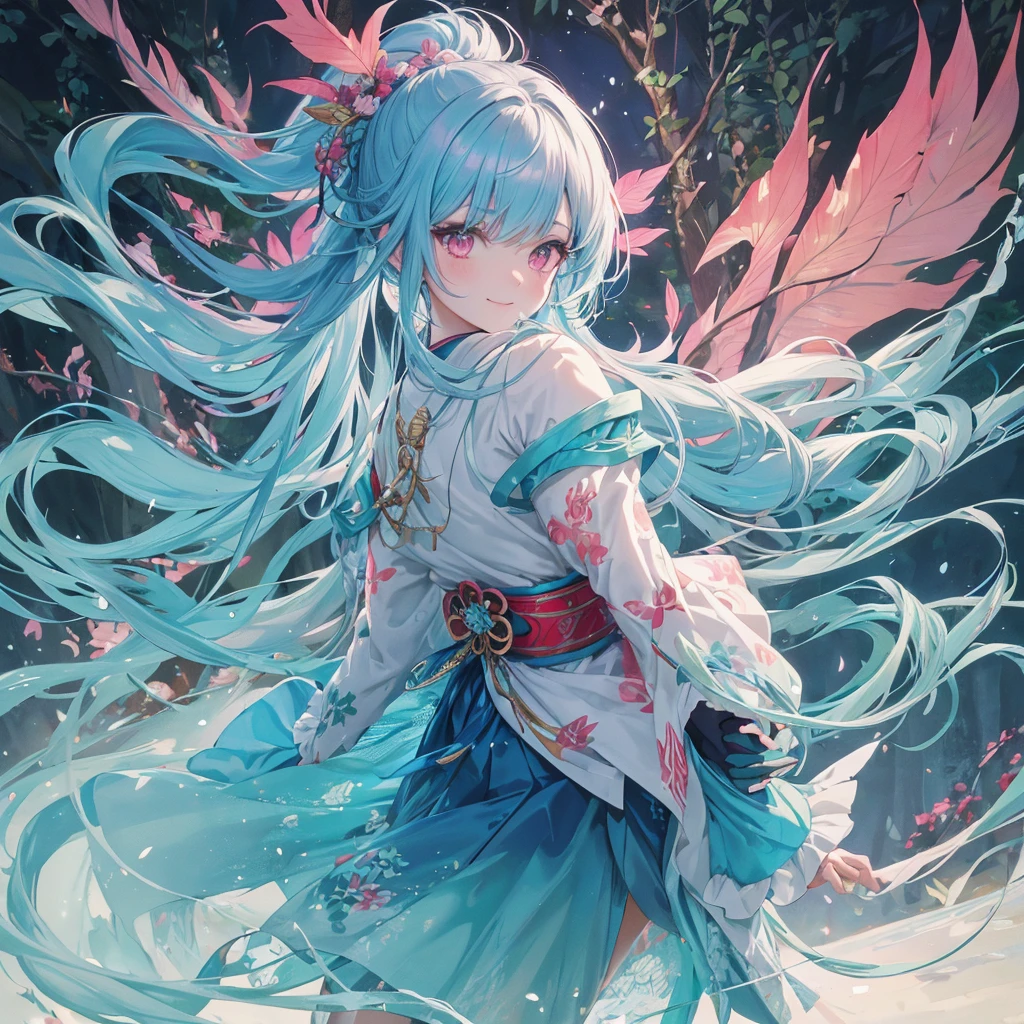 sky Blue hair, (braided ponytail),(pink eyes),fair skin ,(full body),1 girl,smile,white red kimono,Fresh green forest,Forest Goddess,Straight Bangs,(masterpiece, best quality, ultra-detailed, best shadow), (detailed background), (beautiful detailed face), high contrast, (best illumination, an extremely delicate and beautiful), ((cinematic light)), colorful, hyper detail, dramatic light, intricate details,guardian of the forest,Leaf Blizzard,high quality,