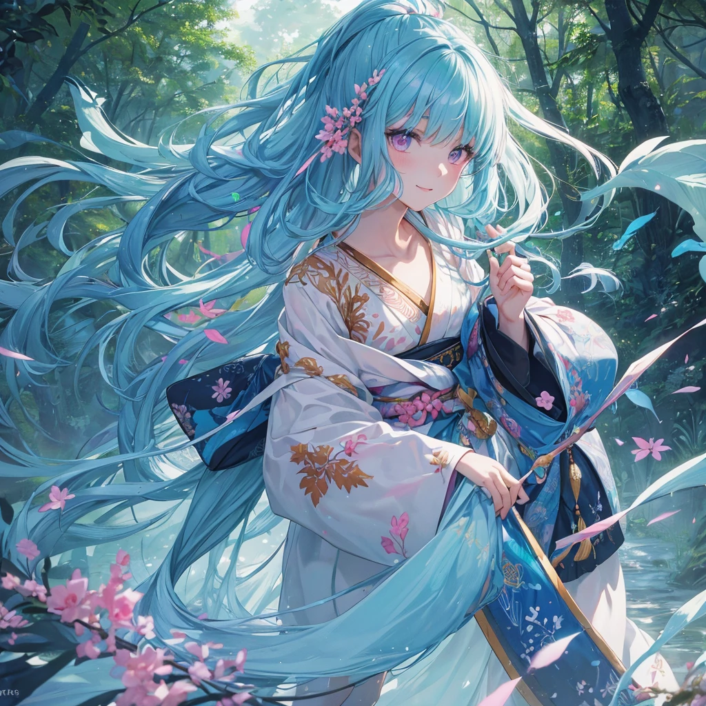 sky Blue hair, (braided ponytail),(pink eyes),fair skin ,(full body),1 girl,smile,white red kimono,Fresh green forest,Forest Goddess,Straight Bangs,(masterpiece, best quality, ultra-detailed, best shadow), (detailed background), (beautiful detailed face), high contrast, (best illumination, an extremely delicate and beautiful), ((cinematic light)), colorful, hyper detail, dramatic light, intricate details,guardian of the forest,Leaf Blizzard,high quality,
