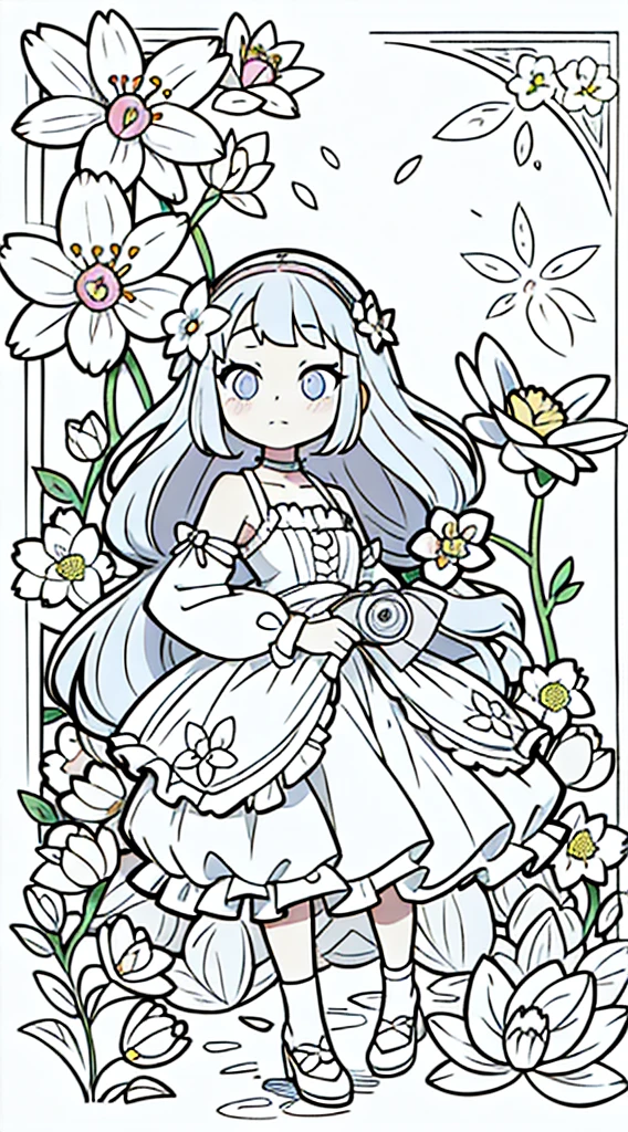 a girl, kawaii princess, standing in a magical garden, (Flower garden), shoulder length hair, full body, in the center of the camera, line art