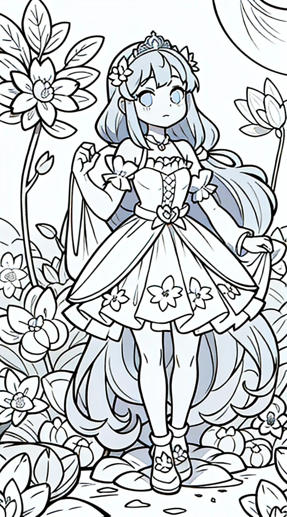 a girl, kawaii princess, standing in a magical garden, (Flower garden), shoulder length hair, full body, in the center of the camera, line art