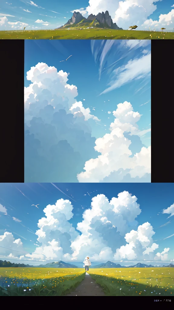 Summer, meadows, a few small flowers, clear lakes, sheep, heaven, large clouds, blue sky, hot weather, HD detail, hyper-detail, cinematic, surrealism, soft light, deep field focus bokeh, distant vistas are snowy mountains, ray tracing, and surrealism. --v6