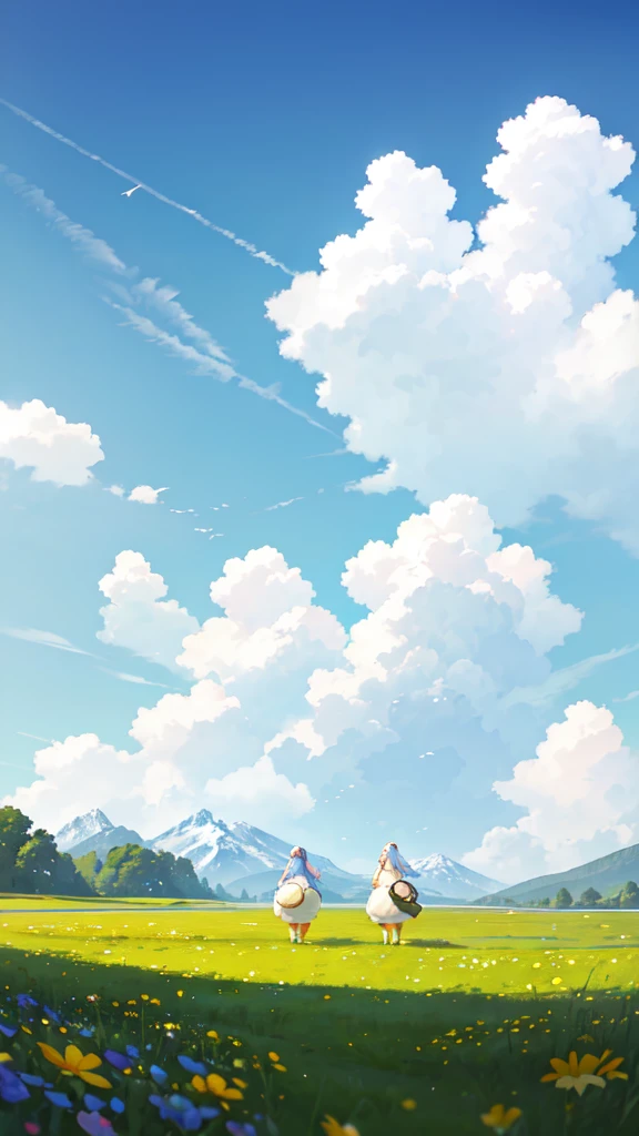 Summer, meadows, a few small flowers, clear lakes, sheep, heaven, large clouds, blue sky, hot weather, HD detail, hyper-detail, cinematic, surrealism, soft light, deep field focus bokeh, distant vistas are snowy mountains, ray tracing, and surrealism. --v6
