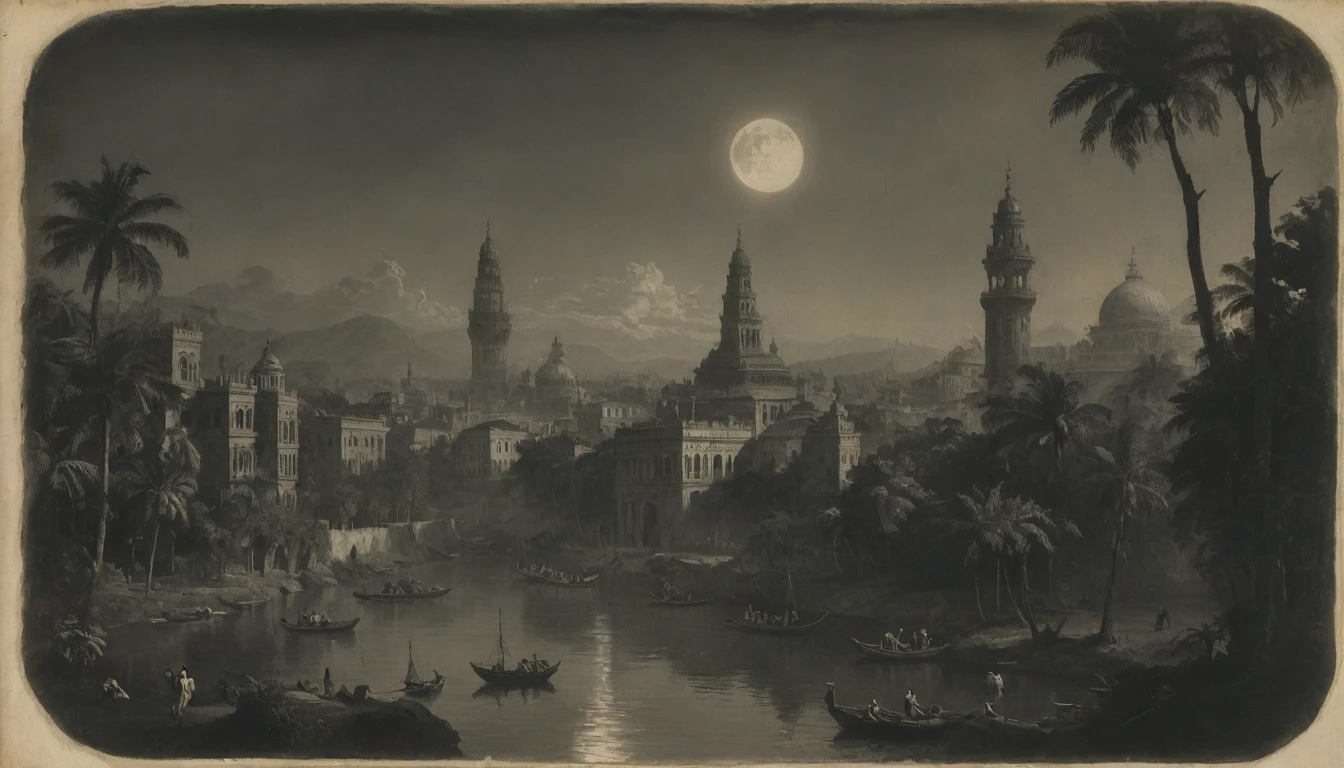 {{monochrome daguerreotype on old paper}}, the composition is: (((dramatic, colossal, aerial, night view of a tropical, high towered metropolis with Roman, Mughal and Baroque elements, made of marble elements))), ((in a jungle, in a river of lurid waters, with boats, two moons depicted in the skies))