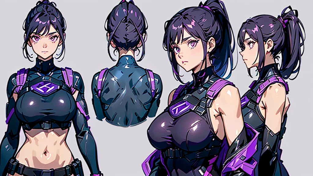 reference sheet, model sheet,(multiple views, [from behind|from side|from front|close-up|upper body|portrait]:1.2),One girl,human, Dark hair with purple strands, Ponytail, purple eyes, black outfit,wearing bulletproof vest,beautiful, masterpiece, best quality, perfect lighting,8k,clean. 