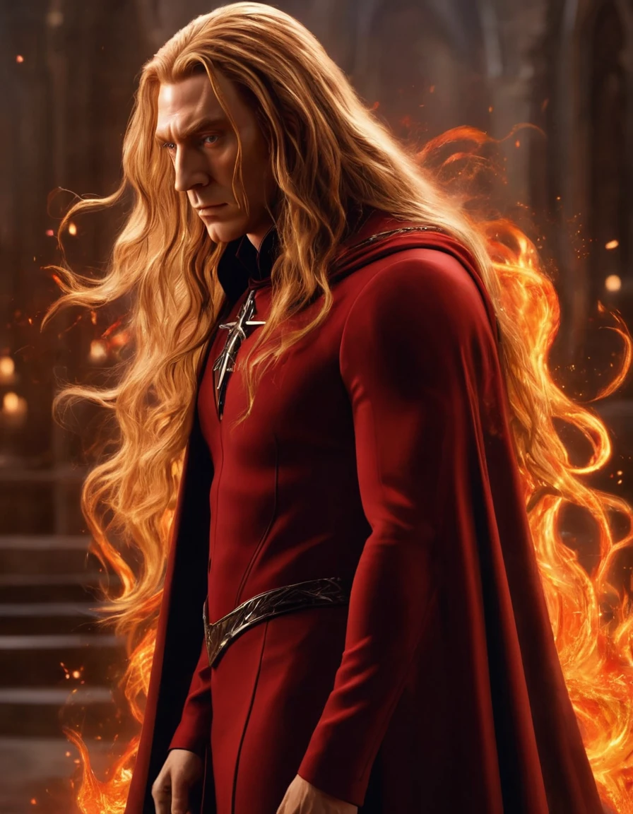 ### Scene: Create an image of two people in love in a setting of mystery and passion.
**Woman's Appearance:**
- Resembles Beyoncé
- Brown skin
- Long, golden blonde curly hair
- Confident and seductive expression
- Wearing a red dress, elegant and form-fitting
- Lips painted a deep, intense red
**Man's Appearance:**
- Resembles Severus Snape
- Pale skin
- Large nose
- Black, straight hair falling around his face in a somber manner
- Serious and intense expression
- Wearing a black cloak, contrasting with the flames around them
**Atmosphere:**
- Surrounded by flames, creating a mystical and fiery ambiance
- Soft lighting highlighting their faces, enhancing the sparkle in their eyes
- Flames adding an element of intensity and mystery to the scene
- They are close to each other, gazing intensely into each other's eyes, exuding a strong emotional connection
