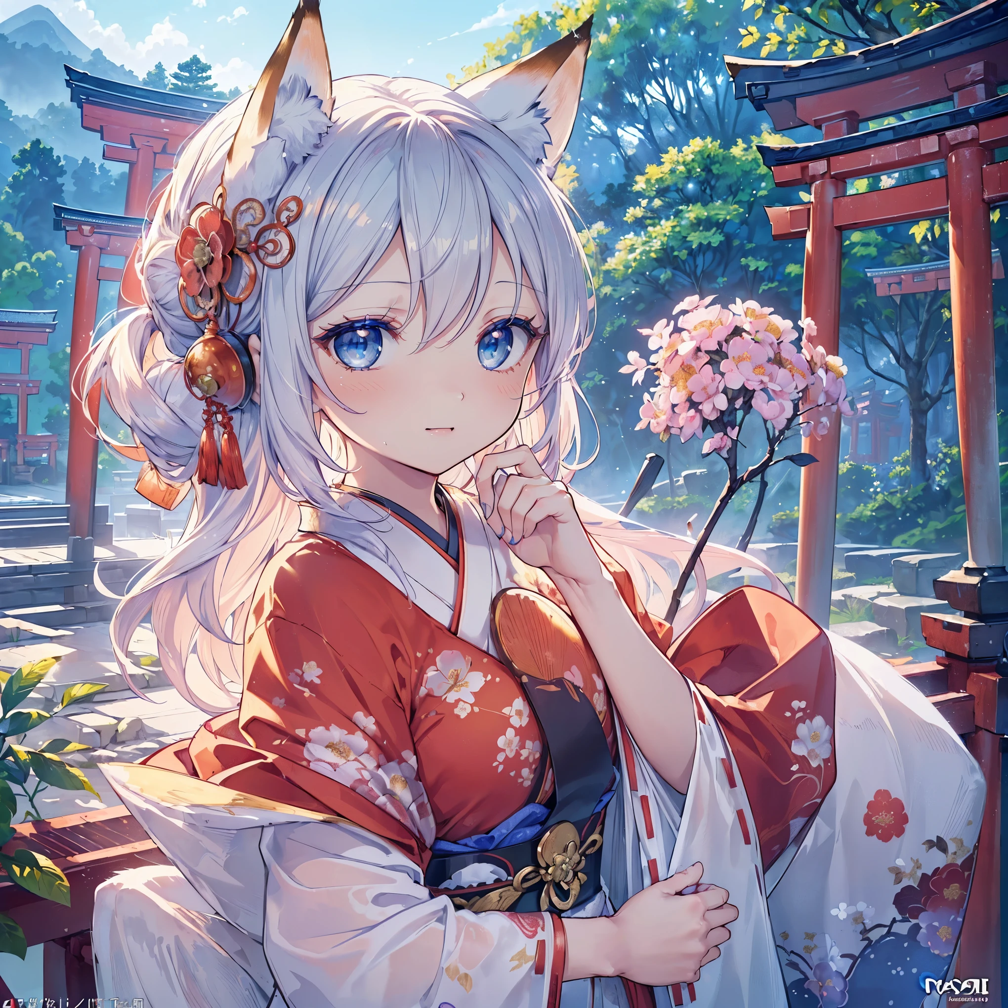 (((Masterpiece))), (((Highest quality))), ((Ultra-detailed)), ((Super fine illustration)), ((Ultra-fine painting)), (16K highest quality wallpaper:1.4), (Chibi:2.0), (Full body:1.6), HDR, (Highly detailed and delicate illustration style:1.8), Detailed skin texture, Detailed cloth texture, Extreme detailed description, (T-masterpiece), (Highly detailed face:1.2), (Highly detailed fox ears:1.2), (Highly detailed shiny golden brown half updo:1.2), (Highly detailed clear blue eyes:1.2), Original, RAW photo, Professional, Intricate details, Super details, Direct light:1.6, (Perfect anatomy:1.4), (Highly detailed hands:1.2), (Highly detailed fingers:1.2), (Highly detailed fingertips:1.2), (27-years-old), Real, (Solo:1.8), ((A very beautiful and attractive fox fashion model with blue eyes wearing a bright red furisode with a floral pattern:1.4)) BRAKE (Beautiful and adorable fox ears:1.6), (Highly detailed and delicate fox ears:1.4), (Beautiful and well-shaped big breasts:1.2), (Beautiful and well-shaped buttocks), (Beautiful and shiny golden brown half updo:1.4), (Highly detailed and delicate golden brown half updo:1.2), (Beautiful clear blue eyes that shine with great detail:1.6), (Highly detailed and delicate blue eyes:1.2), (Highly detailed face:1.4), (Smile:1.5), (Blush:1.4), (Looking at viewer:1.4), (Celebration:1.4) BRAKE (Bright red furisode with floral pattern:1.4), (Japanese traditional costume:1.2) BRAKE (Concept art:1.2), (Detailed fantasy art:1.2) BRAKE (Highly detailed and delicate Ise Grand Shrine in Mie Prefecture in the background just after noon:1.6), (Celebration:1.4), Ise Grand Shrine:1.4, Torii gate of Ise Shrine:1.4, Very beautiful in the sunny sky background just after noon:1.4 BRAKE 