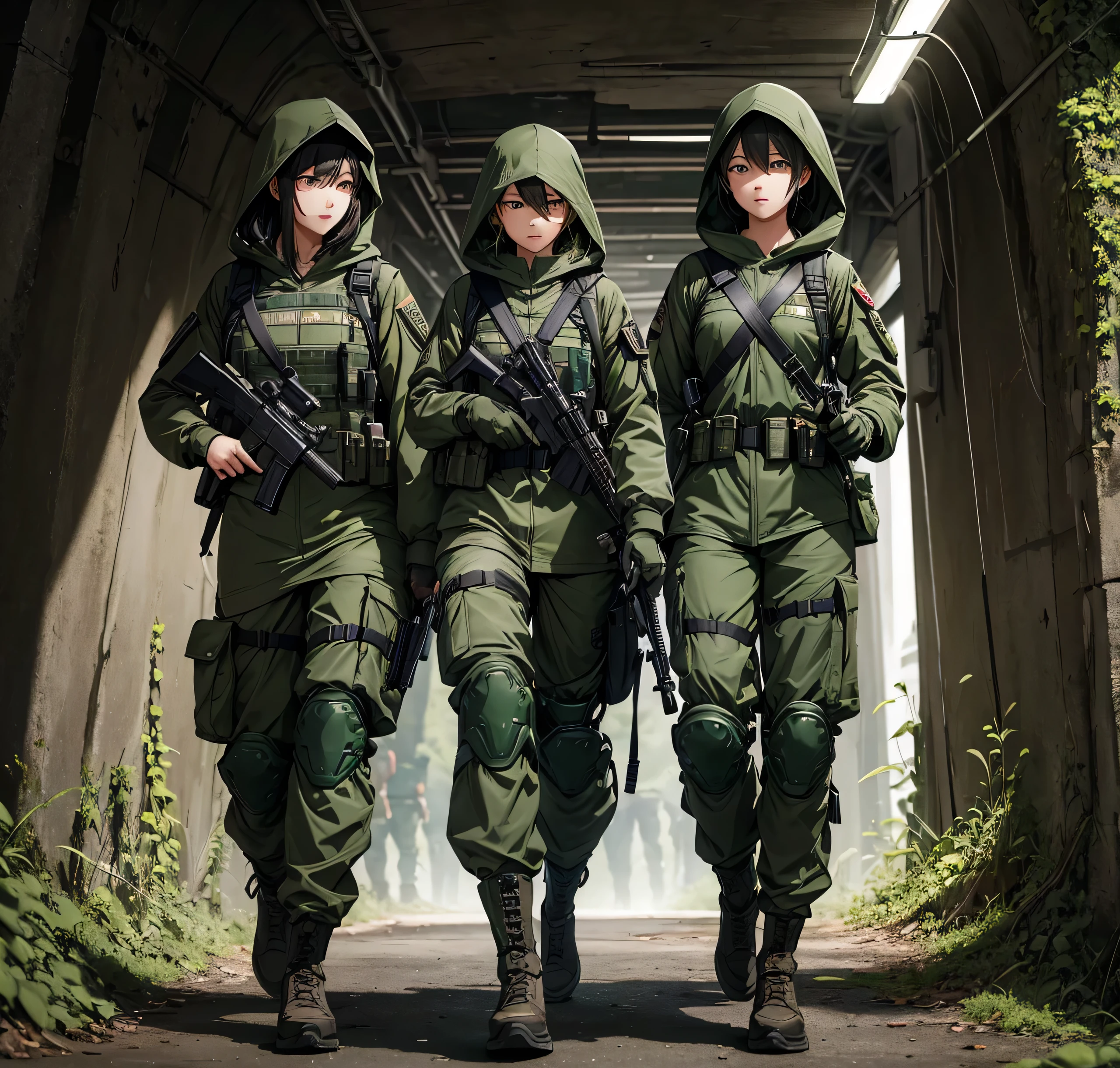 tunnel、Three female soldiers patrolling side by side with guns、Wearing dark green M-51 hooded military uniform、Hooded on head、Dark green military pants，Wearing a magazine pouch、Tactical harness、Knee pads、best quality、Highly detailed CG、8K picture quality