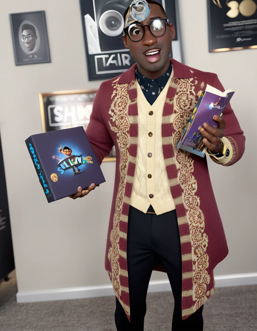 handsome black man, slim face, glasses, slim body, disney, pixar, (Pixar style), Disney style, (masterpiece:1.2), (best quality) (detailed skin) (detailed texture) (8k) (cinematic lighting) (sharp focus)