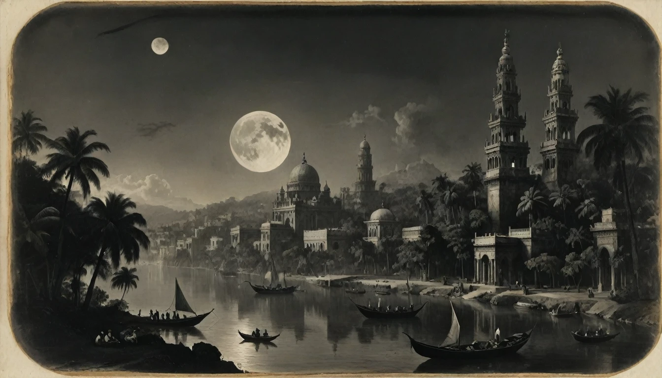 {{monochrome daguerreotype on old paper}}, the composition is: (((dramatic, colossal, aerial, night view of a tropical, high towered metropolis with Roman, Mughal and Baroque elements, made of marble elements))), ((in a jungle, in a river of lurid waters, with boats, two moons depicted in the skies))