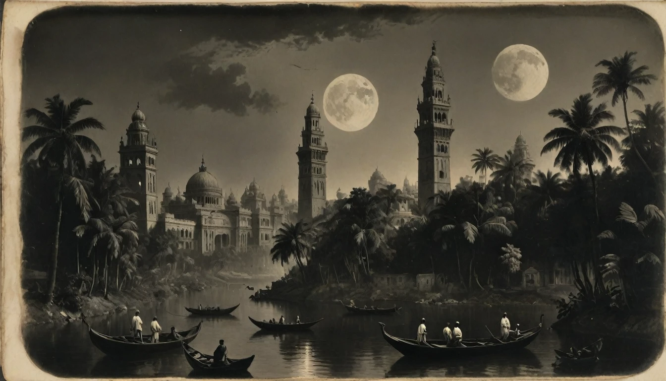 {{monochrome daguerreotype on old paper}}, the composition is: (((dramatic, colossal, aerial, night view of a tropical, high towered metropolis with Roman, Mughal and Baroque elements, made of marble elements))), ((in a jungle, in a river of lurid waters, with boats, two moons depicted in the skies))